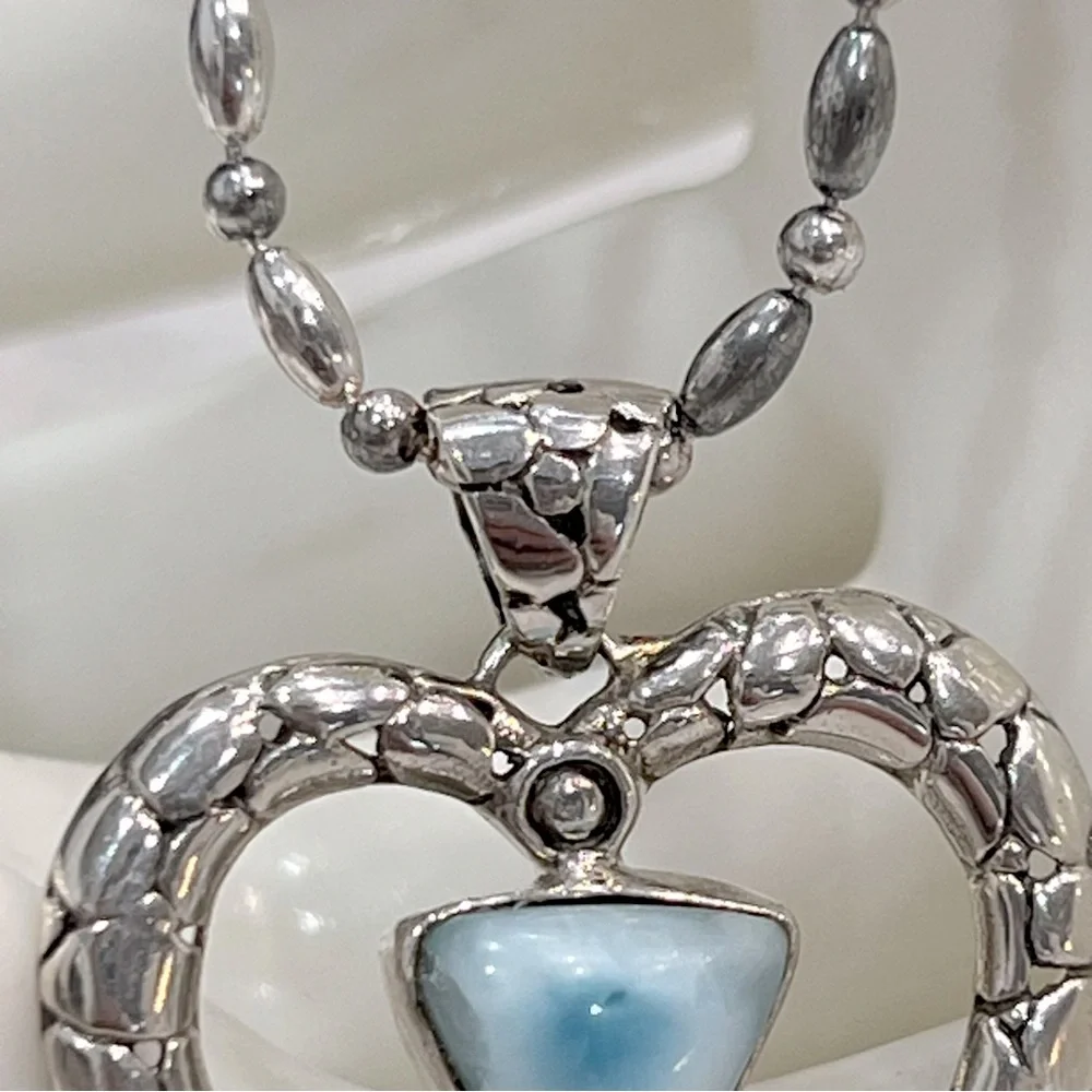 Larimar Pebbled Sterling Silver Heart Pendant 20” Necklace